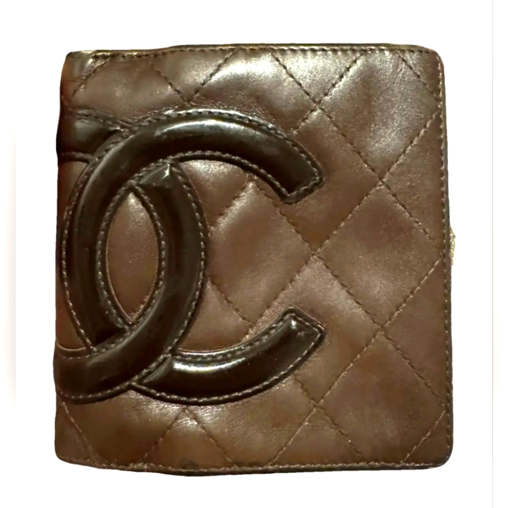 Chanel Brown Quilted Leather Cambon Ligne Compact Wallet with Black CC Logo